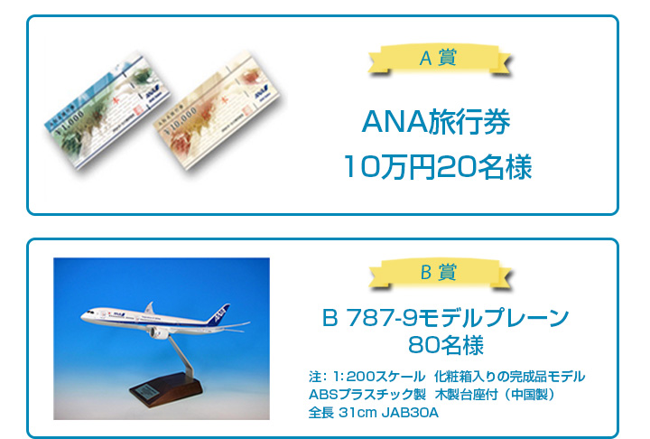 A賞 ANA旅行券10万円 20名様 B賞 B787-9モデルプレーン 80名様