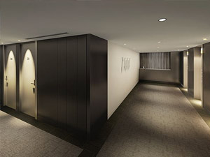 共用部の廊下やエレベーターホールは、足元を照らす行燈と土間を通りぬけるような、心地よく柔らかいデザインでお出迎えいたします。