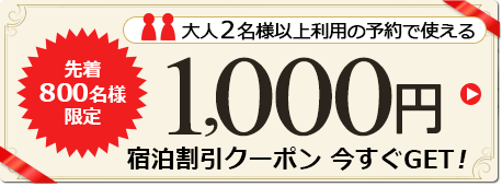 先着800名様限定 大人2名様以上利用の予約で使える 1,000円宿泊割引クーポン 今すぐGET!