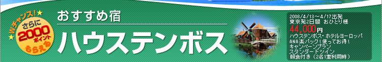 Wチャンス！さらに2000ポイントもらえる　おすすめ宿ハウステンボス　2008/4/13～4/17出発
　東京発2日間　おひとり様　44,000円　ハウステンボス・ホテルヨーロッパ　ANA楽パック！使ってお得！キャンペーンプラン　スタンダードツイン　朝食付き（ 2名1室利用時）