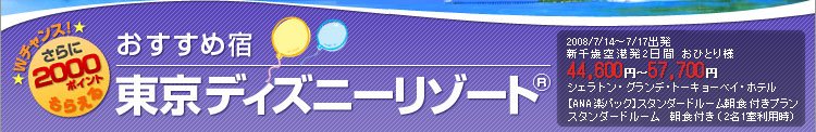 Wチャンス！さらに2000ポイントもらえる　おすすめ宿東京ディズニーリゾート(R)　2008/7/14～7/17出発
　千歳空港発2日間 おひとり様　44,600円～57,700円　シェラトン・グランデ・トーキョーベイ・ホテル　【ANA楽パック】スタンダードルーム朝食付きプラン　スタンダードルーム　朝食付き（ 2名1室利用時）