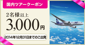 【国内ツアー】2014年12月31日までのご出発に使える3,000円クーポン