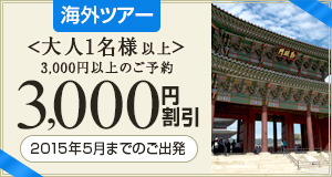 海外ツアー 大人1名様以上3,000円割引 2015年5月までのご宿泊