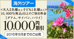 海外ツアー 大人2名様以上10,000円割引 2015年5月までのご宿泊