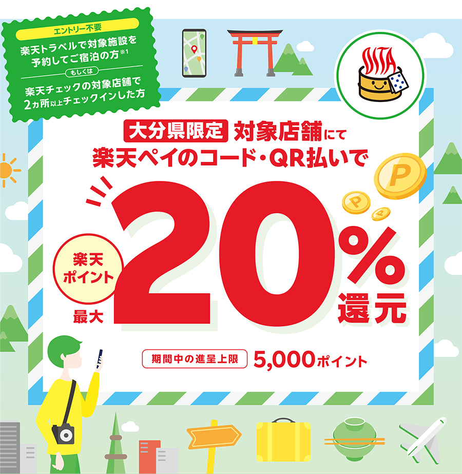 大分県限定 対象店舗にて楽天ペイのコード・QR払いで楽天ポイント最大20%還元