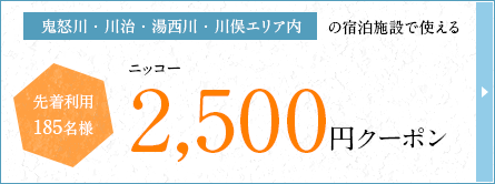 〔鬼怒川・川治・湯西川・川俣エリア〕の宿泊施設で使える2,500円クーポン