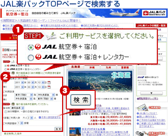 JAL楽パックトップページで検索する