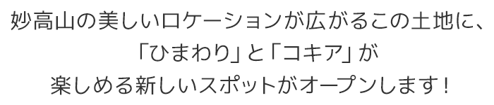 妙高山の美しいロケーションが広がるこの土地に、「ひまわり」と「コキア」が 楽しめる新しいスポットがオープンします！