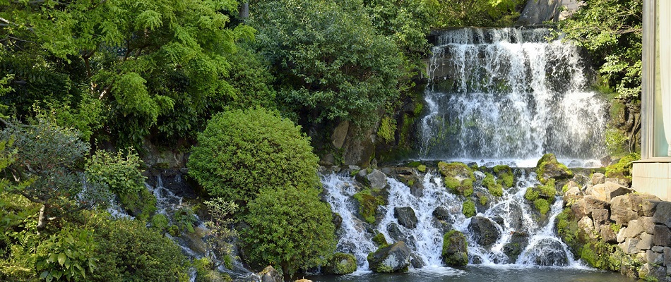 涼しげな水の音を立てる庭園内の滝