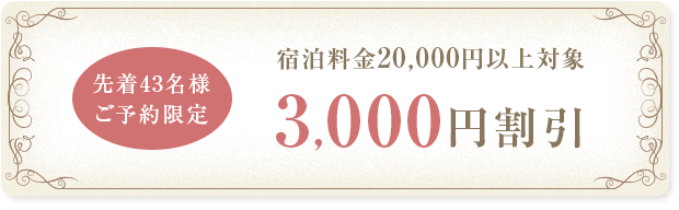 先着43名様ご予約限定 宿泊料金 20,000円以上対象3,000円宿泊割引クーポン