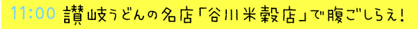 11:00  讃岐うどんの名店「谷川米穀店」で腹ごしらえ！ 
