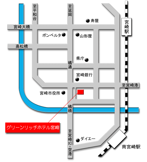 グリーンリッチホテル宮崎（アパートメントスタイル）への概略アクセスマップ