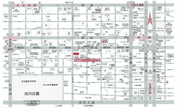 名古屋栄ワシントンホテルプラザへの概略アクセスマップ