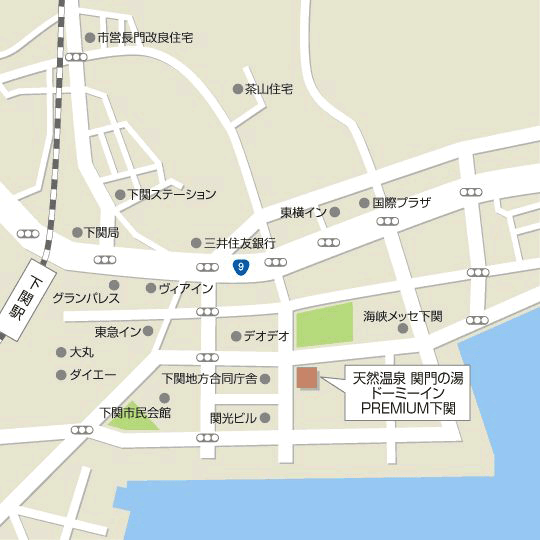 天然温泉関門の湯　ドーミーインＰＲＥＭＩＵＭ下関（ドーミーイン・御宿野乃　ホテルズグループ）への概略アクセスマップ