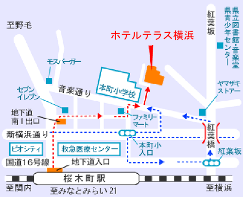 絹の湯　ホテルテラス横浜桜木町（ＢＢＨホテルグループ）への概略アクセスマップ