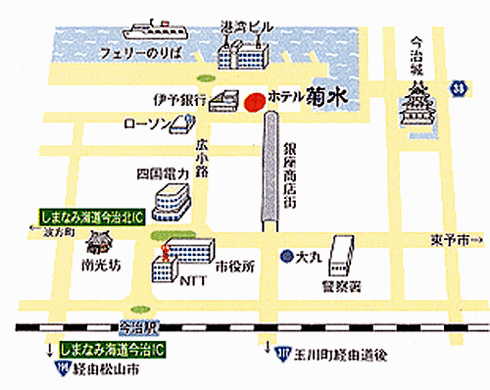 ホテル菊水今治（Ｈｏｔｅｌ　Ｋｉｋｕｓｕｉ　Ｉｍａｂａｒｉ）への概略アクセスマップ