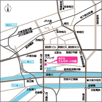ホテル　エルセラーン大阪への概略アクセスマップ
