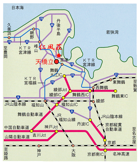 日本三景　天橋立の見える宿　仁風荘への概略アクセスマップ