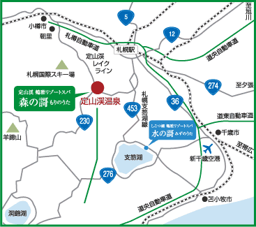 定山渓鶴雅リゾートスパ森の謌への概略アクセスマップ