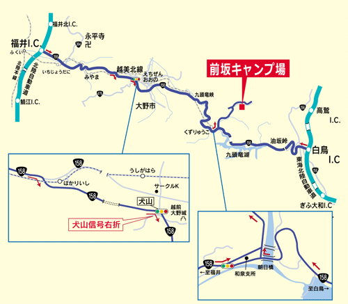 前坂キャンプ場への概略アクセスマップ