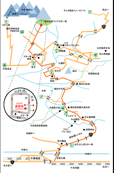 信州・木曽・御嶽山　開田高原　ペンション遊基地への案内図
