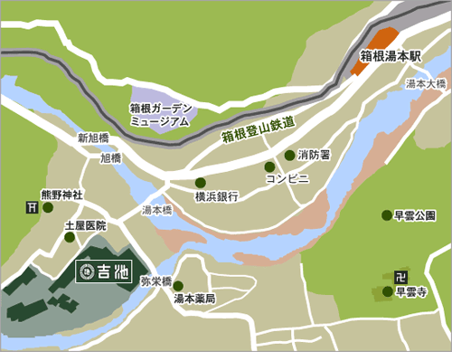 箱根湯本温泉　吉池旅館への概略アクセスマップ