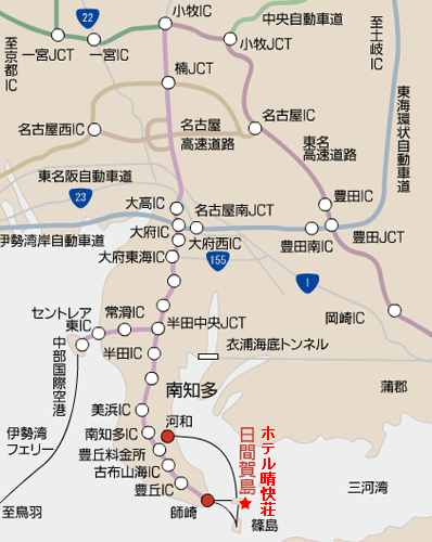 日間賀島　オーシャンビューホテル晴快荘への概略アクセスマップ