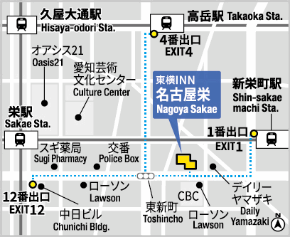 東横ＩＮＮ名古屋栄への概略アクセスマップ