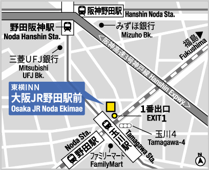 東横ＩＮＮ大阪ＪＲ野田駅前への概略アクセスマップ