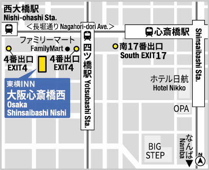 東横ＩＮＮ大阪心斎橋西への概略アクセスマップ