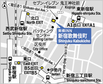 東横ＩＮＮ新宿歌舞伎町への概略アクセスマップ
