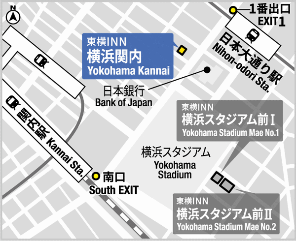 東横ＩＮＮ横浜関内への概略アクセスマップ