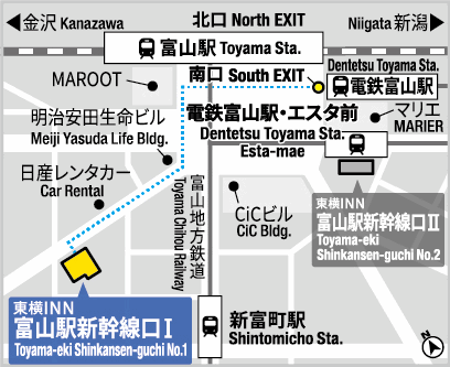 東横ＩＮＮ富山駅新幹線口１への概略アクセスマップ