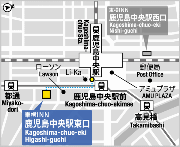 東横ＩＮＮ鹿児島中央駅東口への概略アクセスマップ
