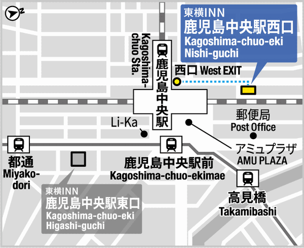東横ＩＮＮ鹿児島中央駅西口への概略アクセスマップ