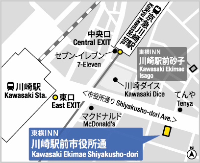 東横ＩＮＮ川崎駅前市役所通への概略アクセスマップ