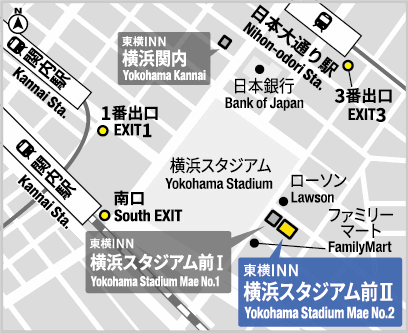 東横ＩＮＮ横浜スタジアム前２への概略アクセスマップ