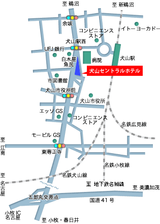 犬山セントラルホテルへの概略アクセスマップ