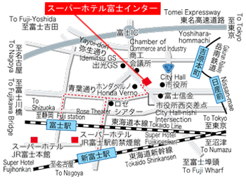 天然温泉　かぐやの湯　スーパーホテル富士インターへの概略アクセスマップ