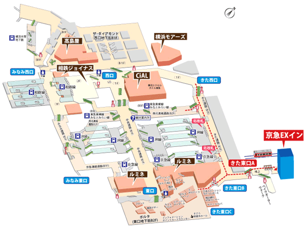 京急ＥＸイン横浜駅東口（きた東口）への概略アクセスマップ