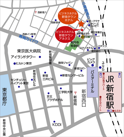 ビジネスホテル新宿タウンホテルへの概略アクセスマップ