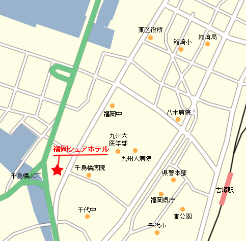 福岡シェアホテルへの概略アクセスマップ