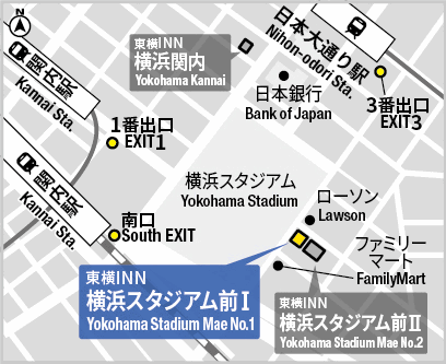 東横ＩＮＮ横浜スタジアム前１への概略アクセスマップ