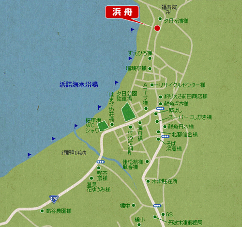 夕日ヶ浦温泉　旅館　浜舟への概略アクセスマップ
