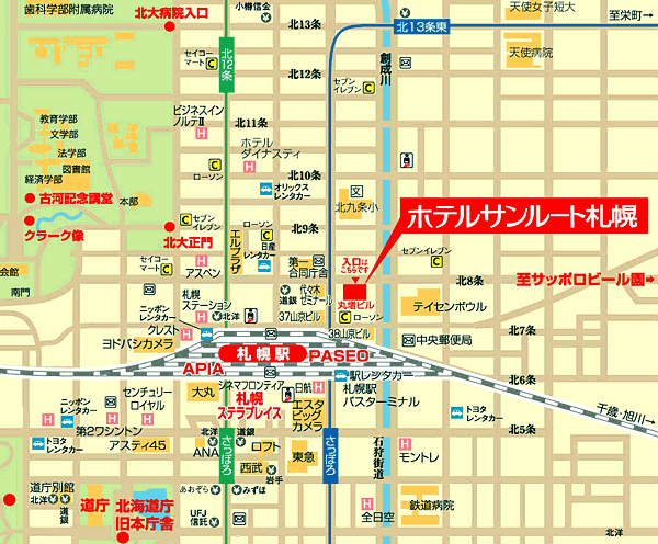 ホテルサンルート札幌への概略アクセスマップ