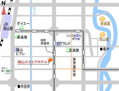 岡山スクエアホテルへの概略アクセスマップ