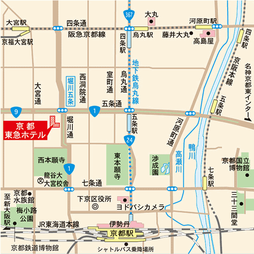 京都東急ホテルへの概略アクセスマップ