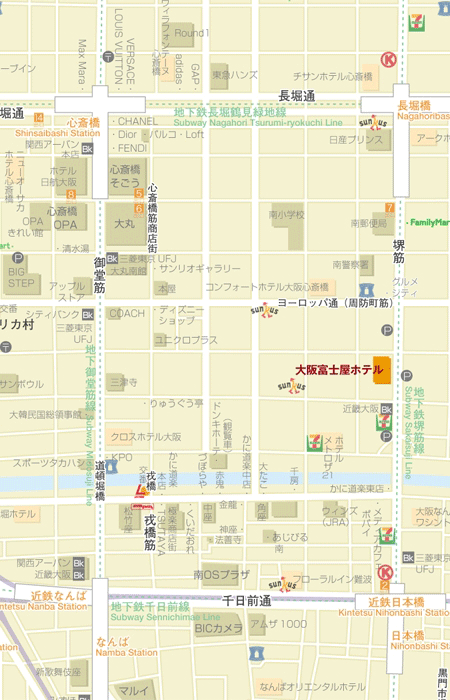 大阪富士屋ホテルへの概略アクセスマップ