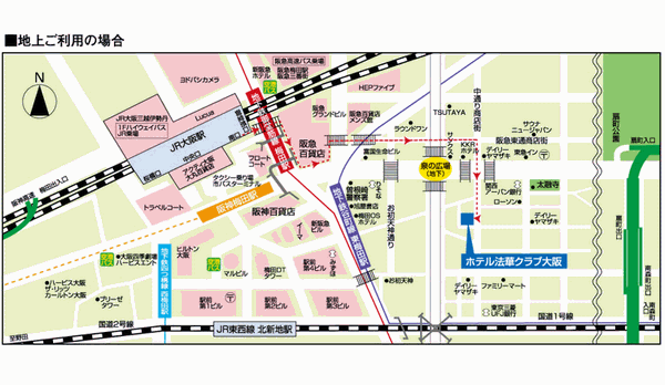 ホテル法華クラブ大阪への概略アクセスマップ