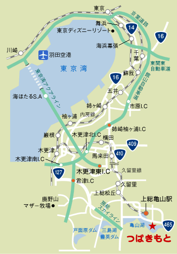 亀山湖　湖畔の宿　つばきもとへの概略アクセスマップ